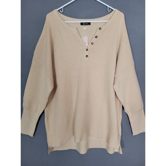 Womens Waffle Knit Sweatshirt Casual Loose Long Sleeve Henley Button V Neck XL - Picture 3 of 10